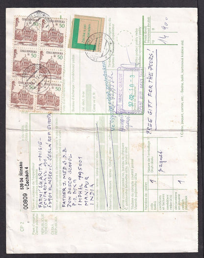 Ceska 1993-95 50kc block of 6 on parcel card to India