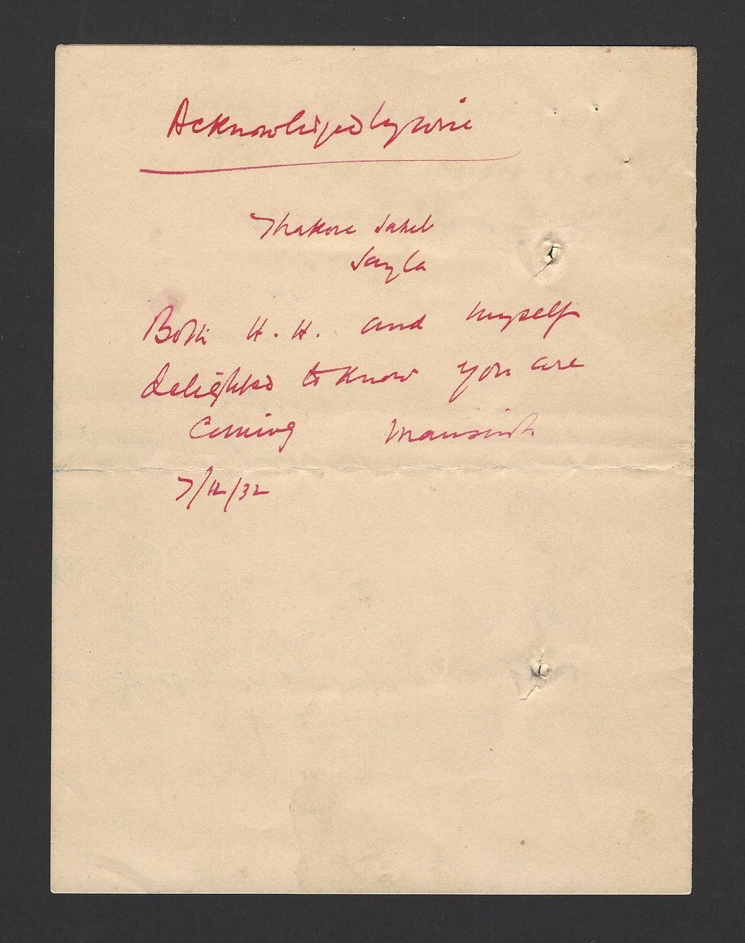 India 1932 crested letter signed Maharaja Mardar Singh of Sayla