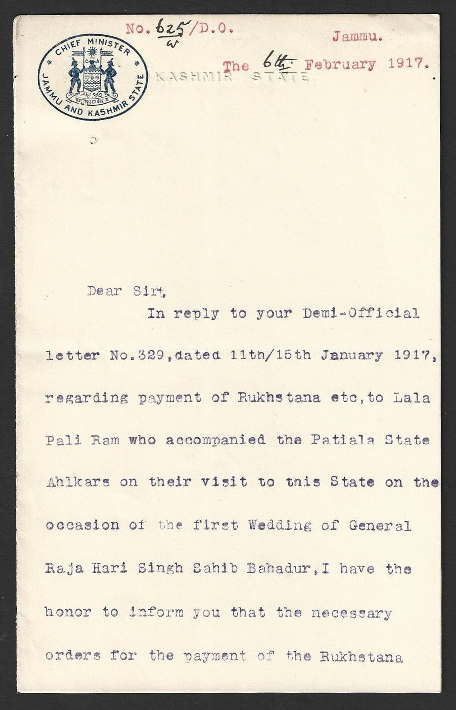 India 1917 signed crested letter CHIEF MINISTER * JAMMU & KASHMIR STATE
