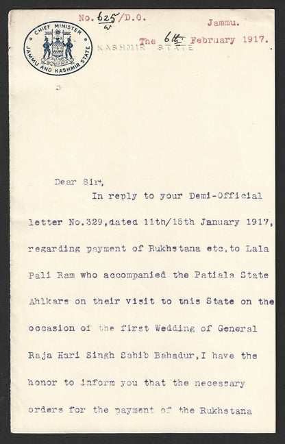 India 1917 signed crested letter CHIEF MINISTER * JAMMU & KASHMIR STATE