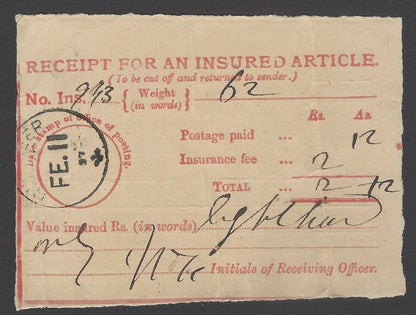 AOPIMT India 1897 Receipt For An Insured Article