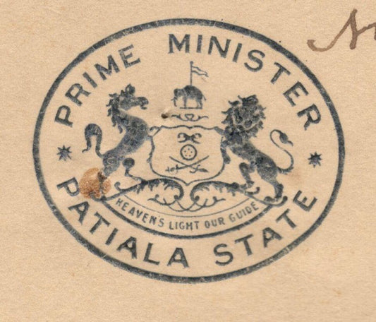 India 1937 crested letter PRIME MINISTER PATIALA STATE signed