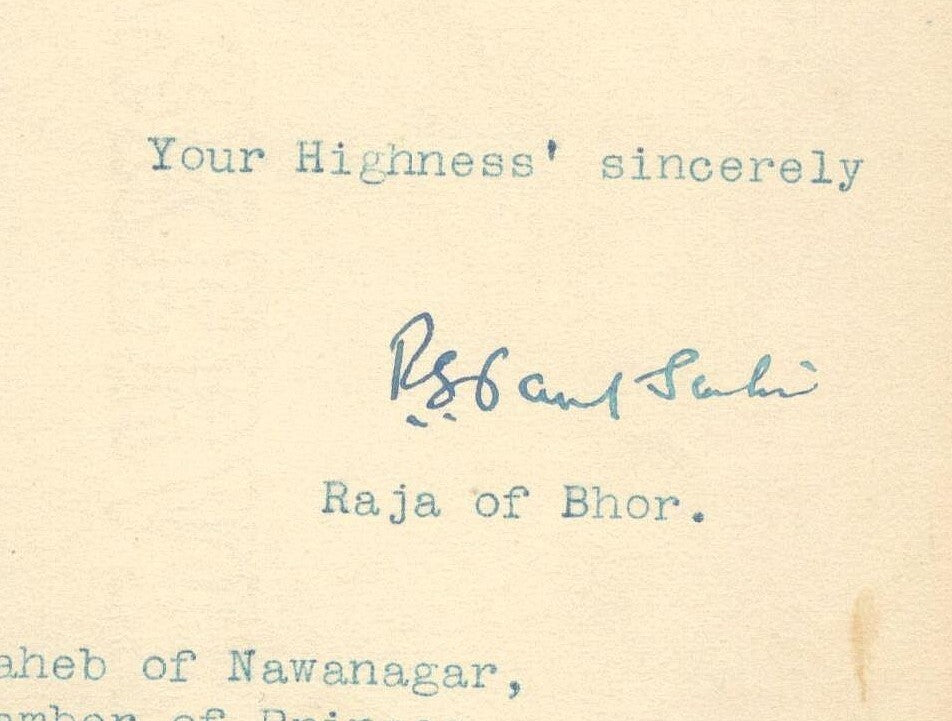 BHOR STATE India 1939 crested letter signed the Ruler RAGUNATH RAO PANT SACHIV