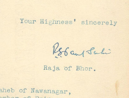 BHOR STATE India 1939 crested letter signed the Ruler RAGUNATH RAO PANT SACHIV