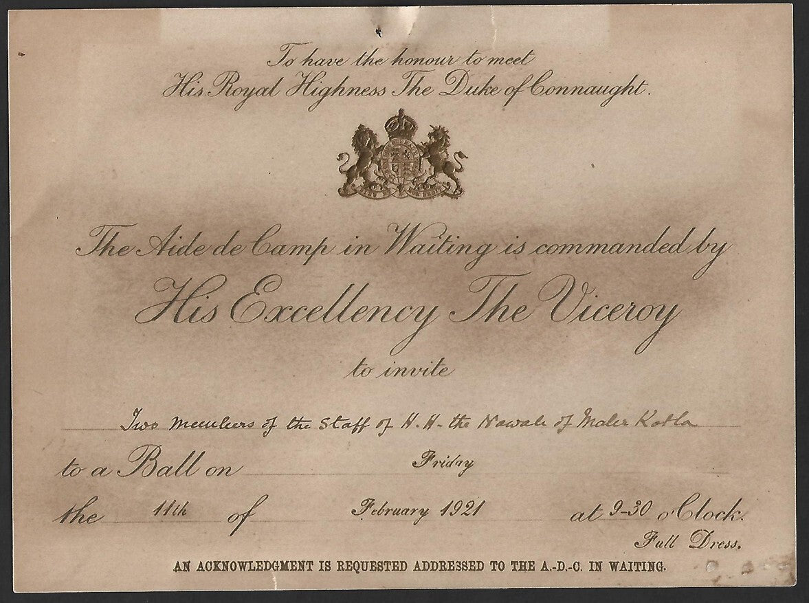 1921 Duke of Connaught INDIA VISIT Ball invitation
