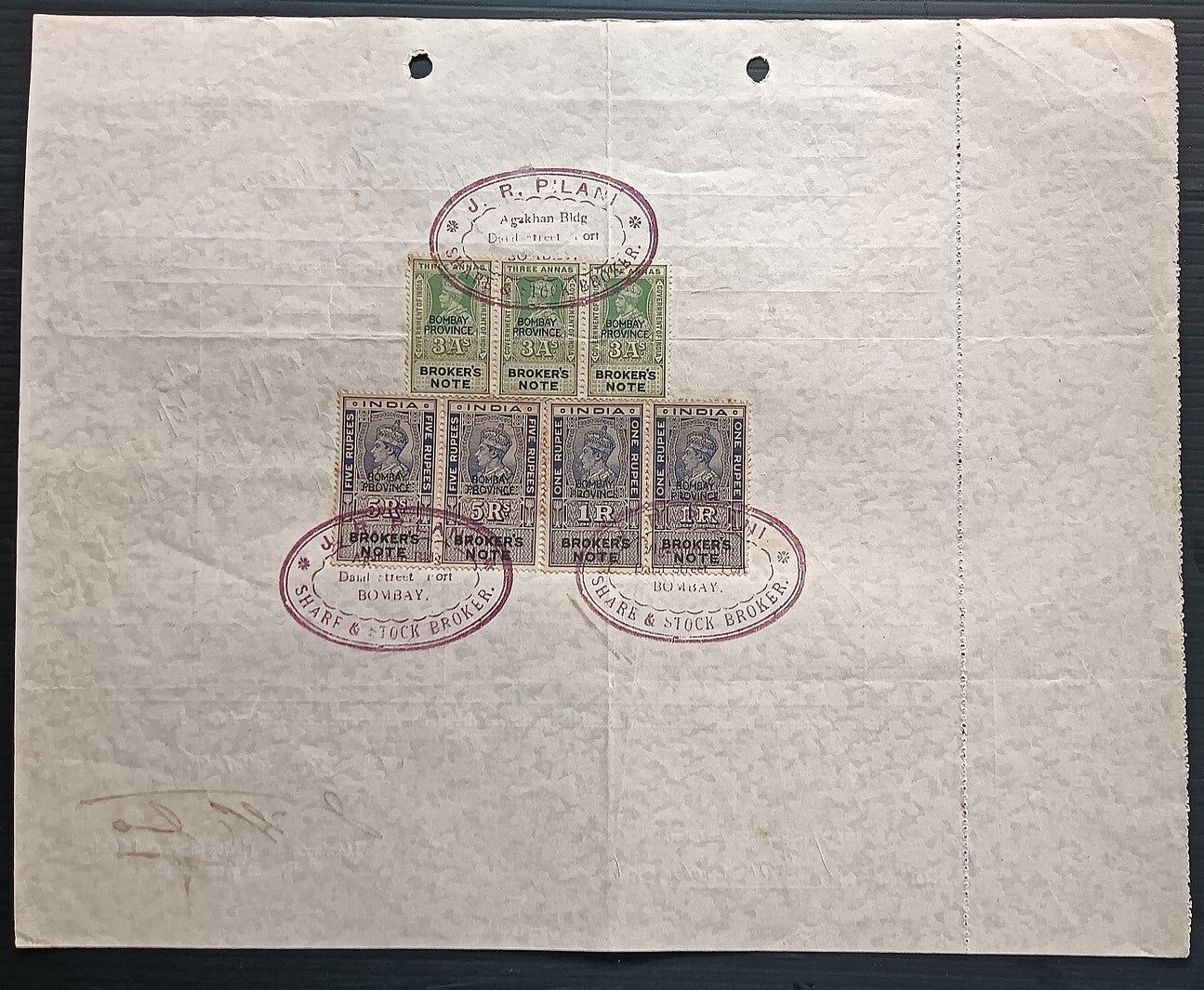 India KGV & KGVI Broker's Note x 7 on 1946 contract note