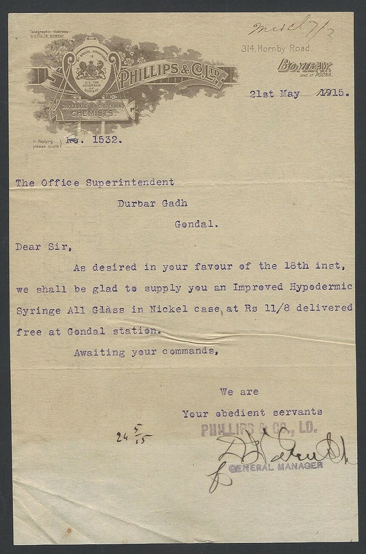 India 1915 Illustrated letterhead Phillips & Co Bombay Chemists