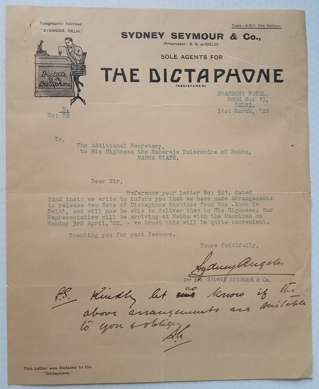 India 1922 pictorial advert letter DICTAPHONE & demo report for Maharaja Nabha