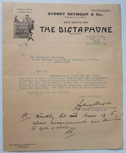 India 1922 pictorial advert letter DICTAPHONE & demo report for Maharaja Nabha