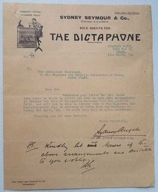 India 1922 pictorial advert letter DICTAPHONE & demo report for Maharaja Nabha