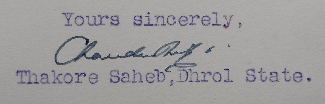 DHROL India 1943 crested letter signed by ruler Thakore Chandrasinhji Dipsinhji