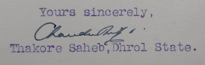 DHROL India 1943 crested letter signed by ruler Thakore Chandrasinhji Dipsinhji