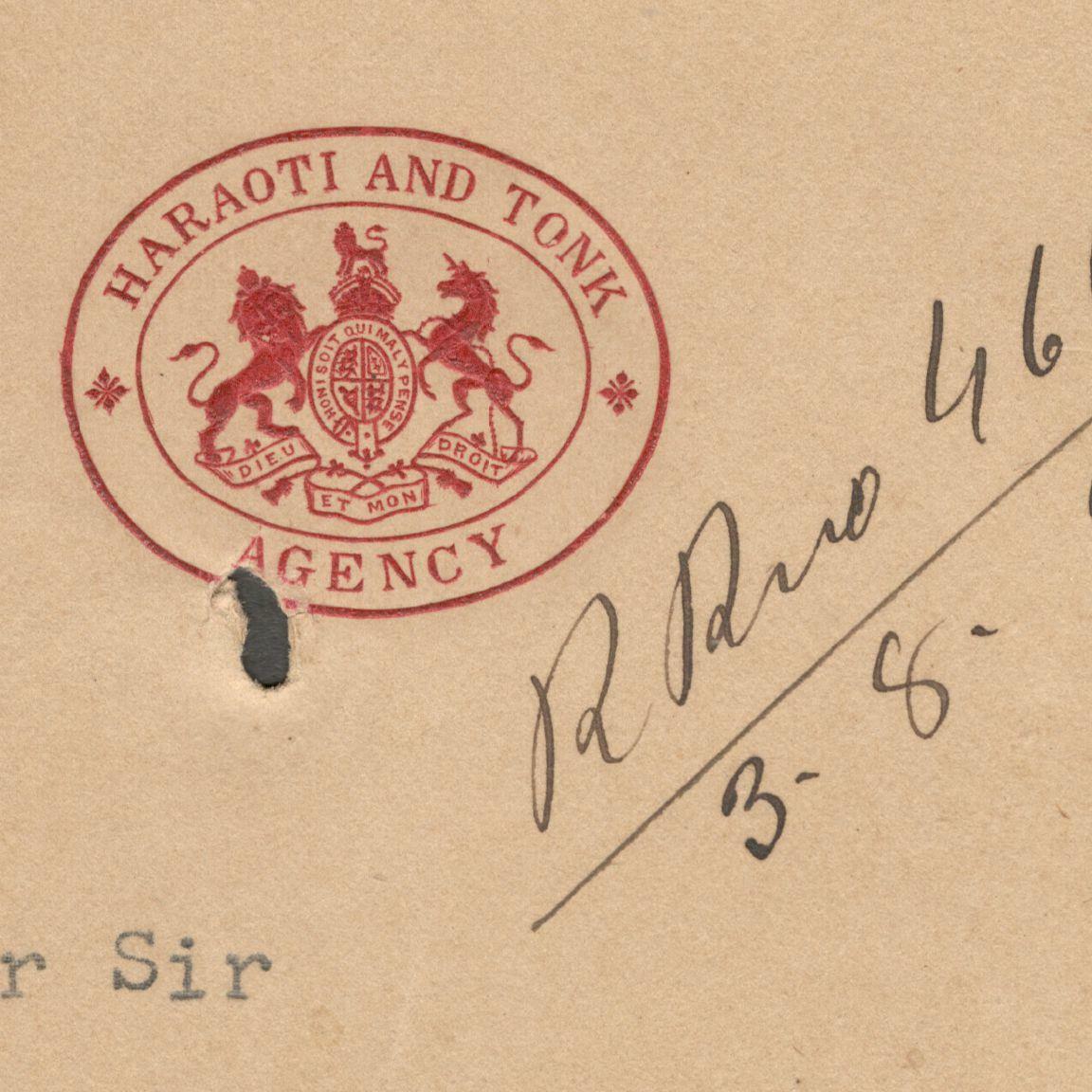 AOP India crested letter 1908 HARAOTI AND TONK AGENCY	