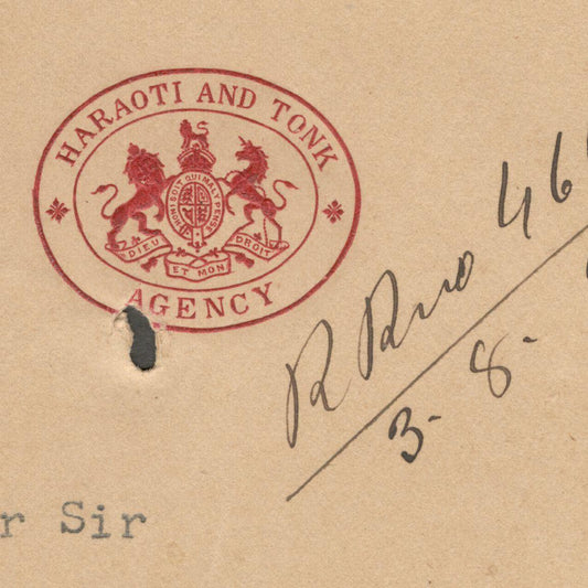 AOP India crested letter 1908 HARAOTI AND TONK AGENCY	