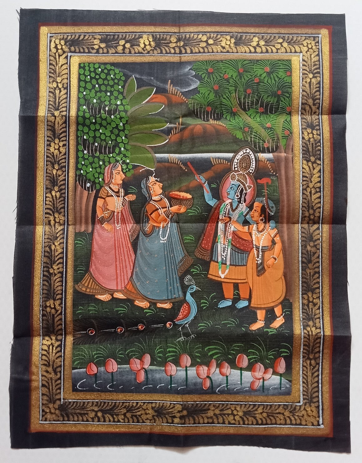 India vintage hand painting on cloth RADHA, KRISHNA & BALRAM 9 x 12 inches