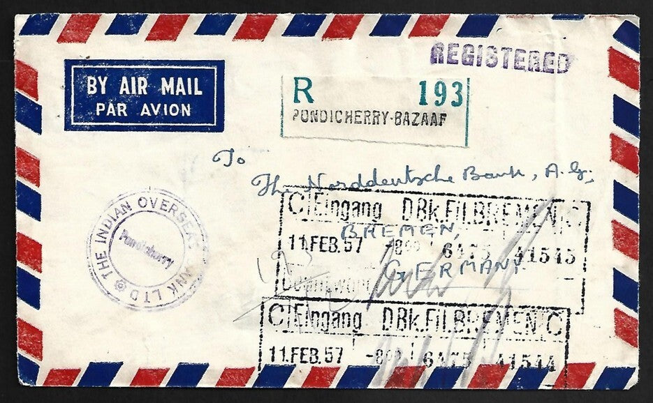 AOP French India 1957 PONDICHERRY BAZAAR registered cover - Malaria stamp