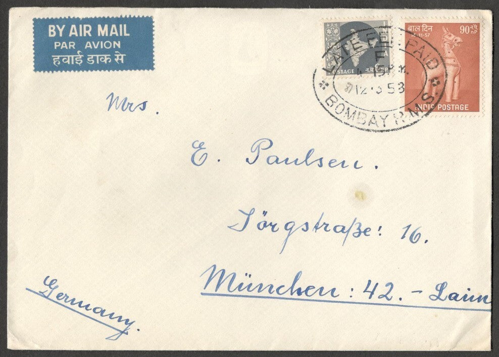 (AOP) India 1958 Airmail cover to Germany canc. "LATE FEE PAID / BOMBAY R.M.S."