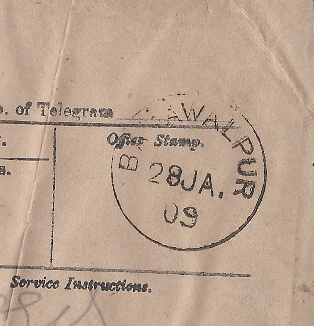 India 1909 telegram cancelled sc BAHAWALPUR