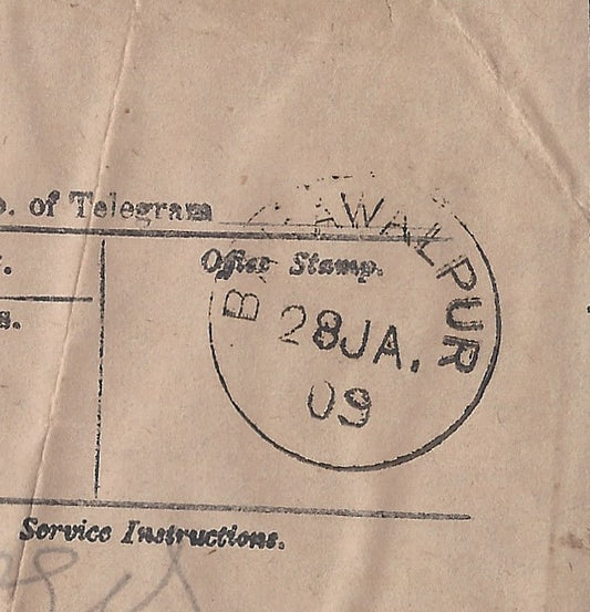 India 1909 telegram cancelled sc BAHAWALPUR