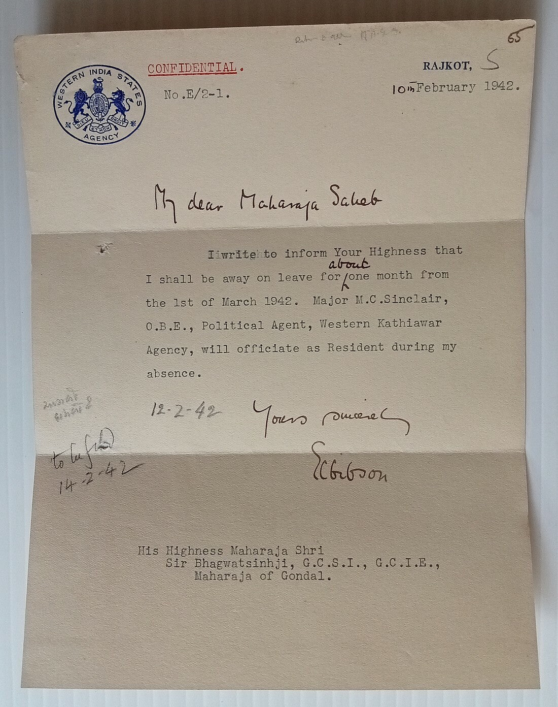 AOP India WISA Western India States Agency crested letter signed Resident Gibson