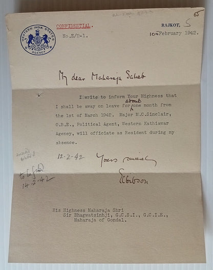 AOP India WISA Western India States Agency crested letter signed Resident Gibson