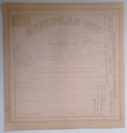 (AOP) India share certificate THE RAJPUTANA TALKIES LIMITED 1946