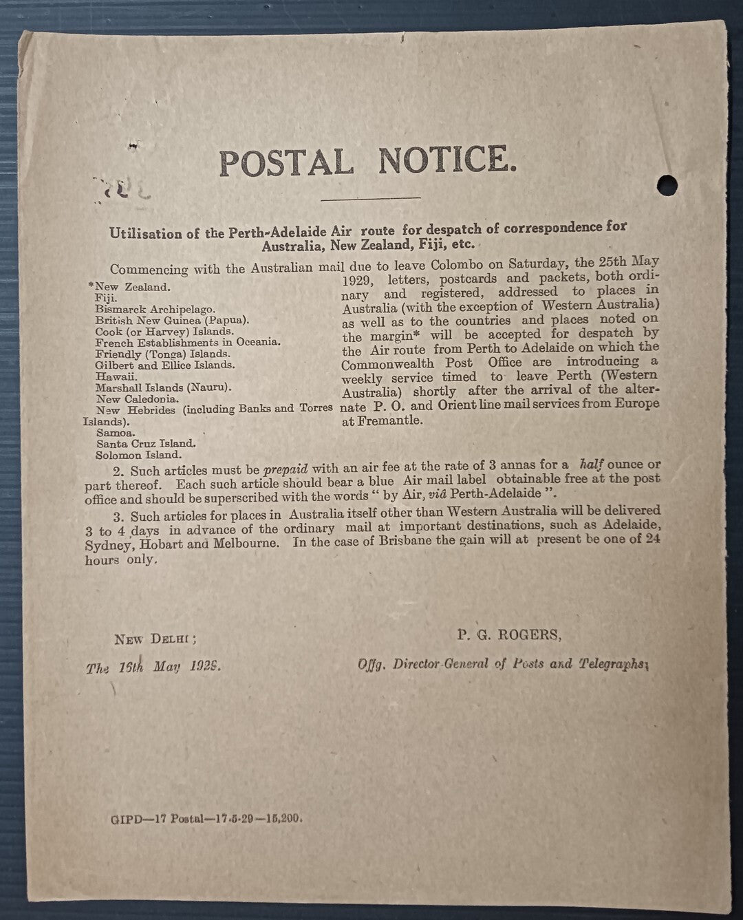 India POSTAL NOTICE 1929 Perth-Adelaide Air route for NZ, Fiji, etc. + CIRC