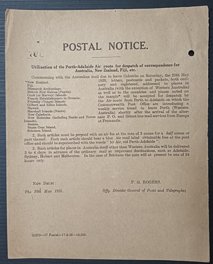 India POSTAL NOTICE 1929 Perth-Adelaide Air route for NZ, Fiji, etc. + CIRC