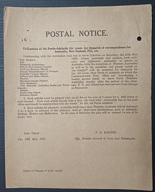 India POSTAL NOTICE 1929 Perth-Adelaide Air route for NZ, Fiji, etc. + CIRC
