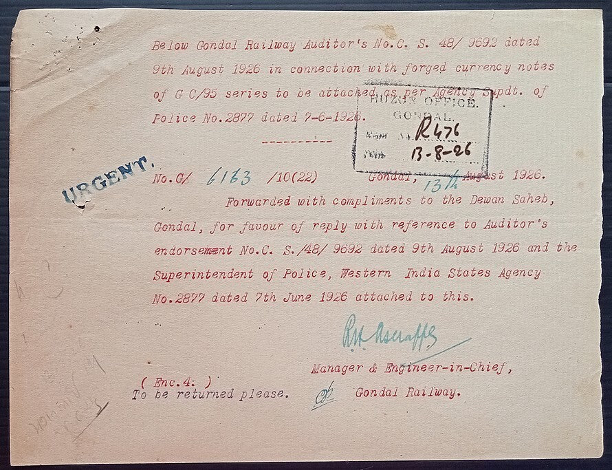 (AOP) India 1926 Official correspondence about FORGED CURRENCY