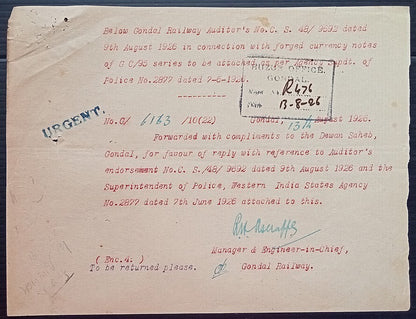 (AOP) India 1926 Official correspondence about FORGED CURRENCY