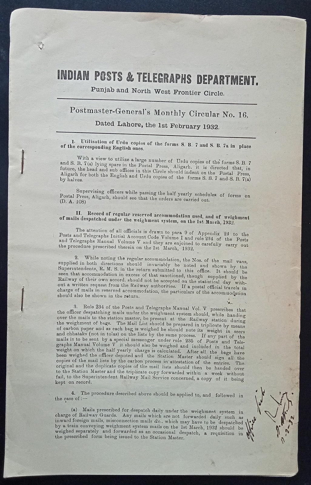 India 1931 PG'S POSTAL CIRCULAR Refunds for spolied Postage stamps, etc.