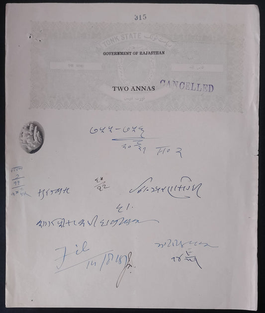 India Rajasthan 2a overprinted on Tonk State 10a stamp paper
