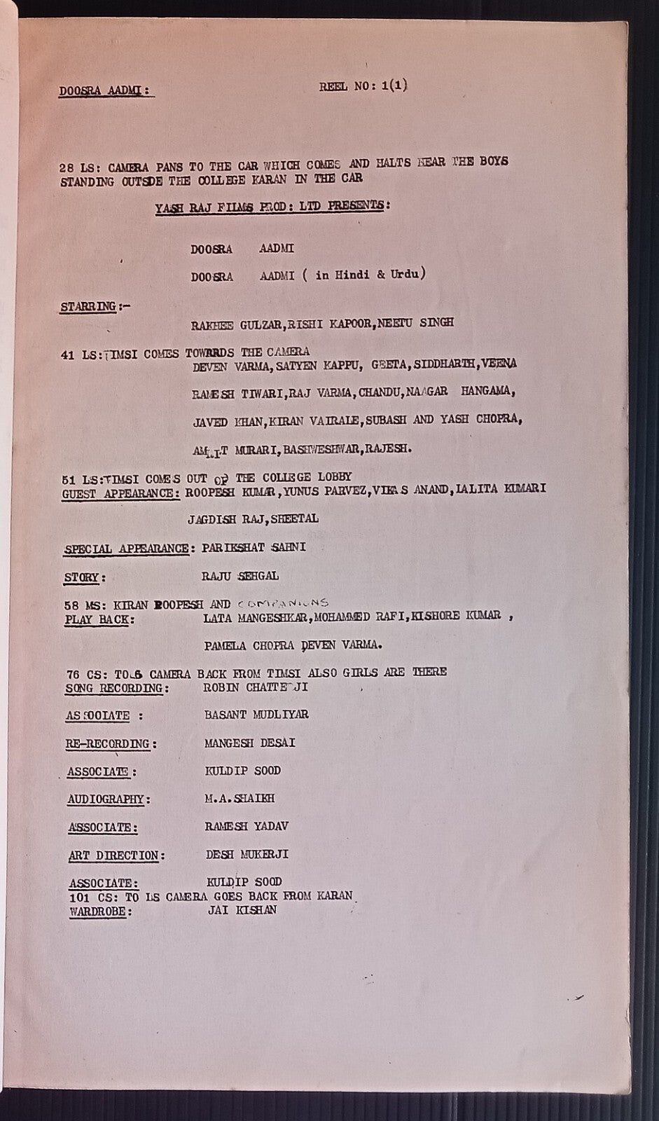 India Bollywood 1977 DOOSARA AADMI Rishi Kapoor post production script - 86pages