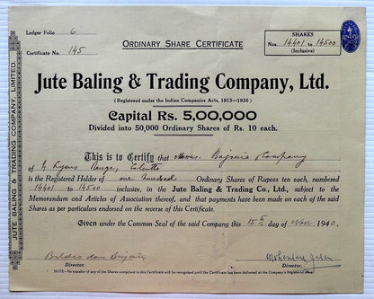 India 1940 Jute Baling & Trading Company share certificate