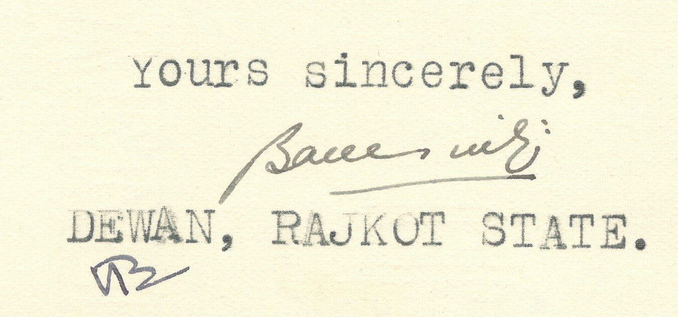 India 1946 crested letter THAKOR SAHEB RAJKOT signed Dewan