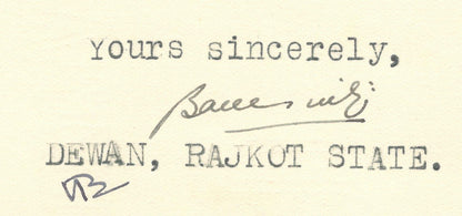 India 1946 crested letter THAKOR SAHEB RAJKOT signed Dewan