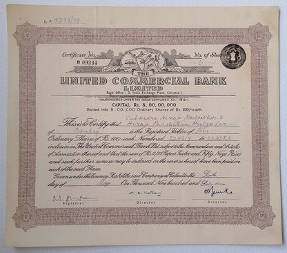 (AOP) India share certificate - 1963 United Commercial Bank