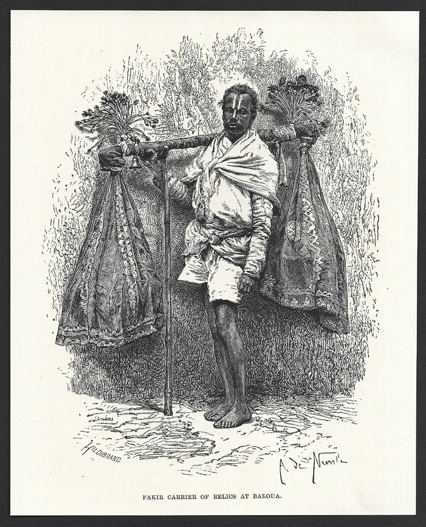 India FAKIR CARRIER OF RELICS BARODA engraved print ex libris Rousslet 1876 5x7"