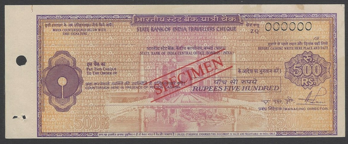 AOPIMT India SPECIMEN Travelers cheque 500R