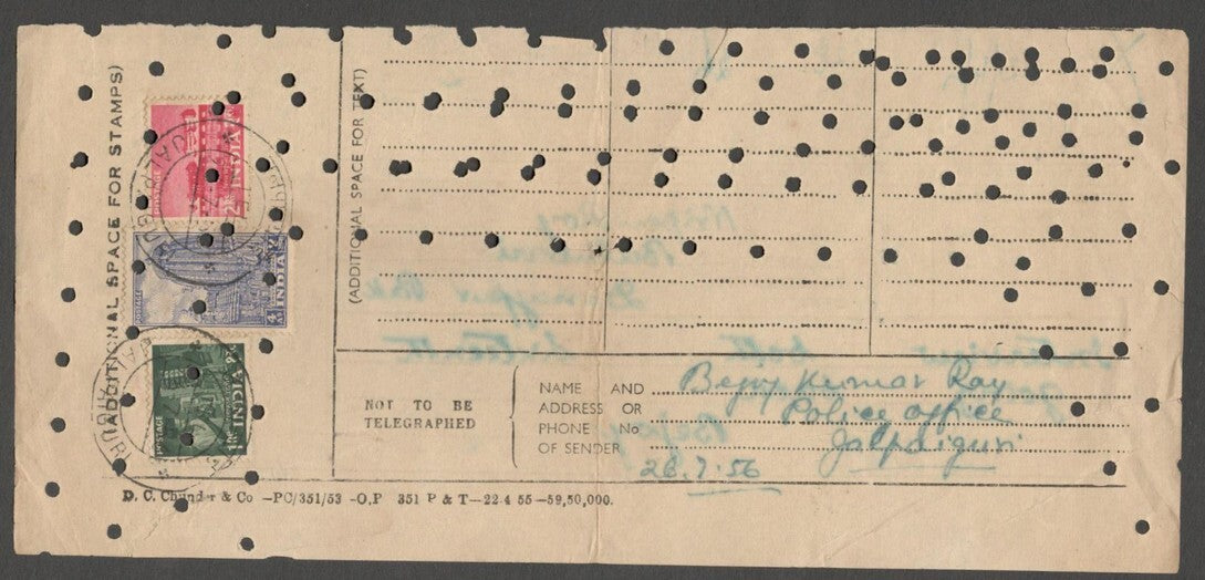 AOP India telegram with postage stamps 1949 Archeological & 5 Year Plan issues