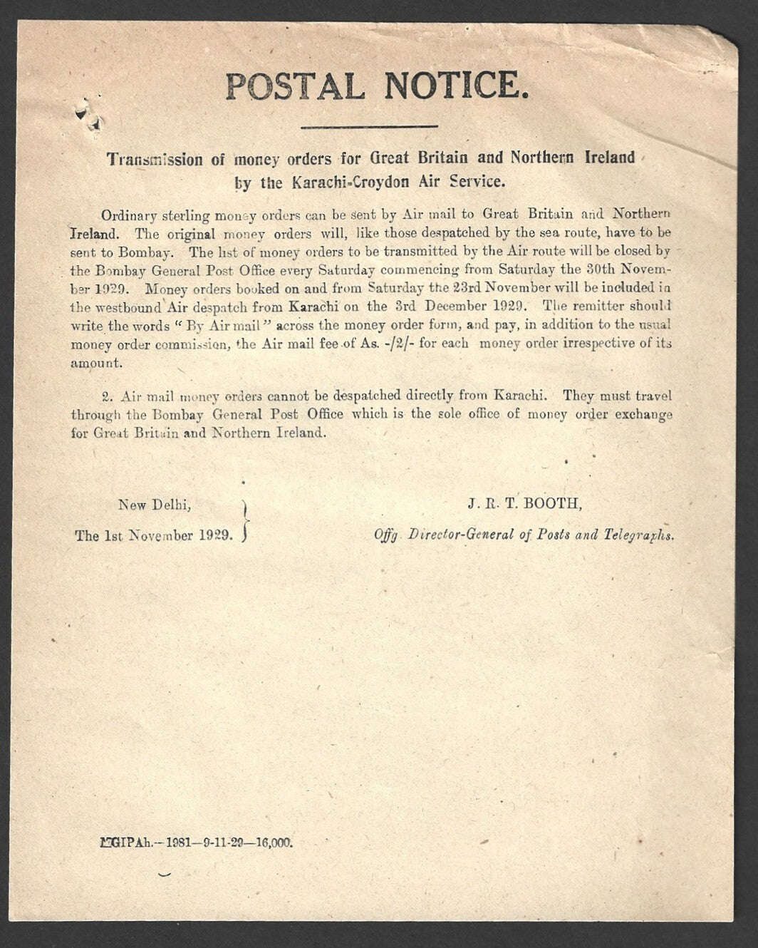 India 1929 POSTAL NOTICE Money Orders by Karachi Croydon Air Service