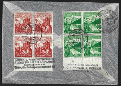 Germany 1938 #B125/B127 fancy blocks of 4 on 1939 cover Vienna Austria to India