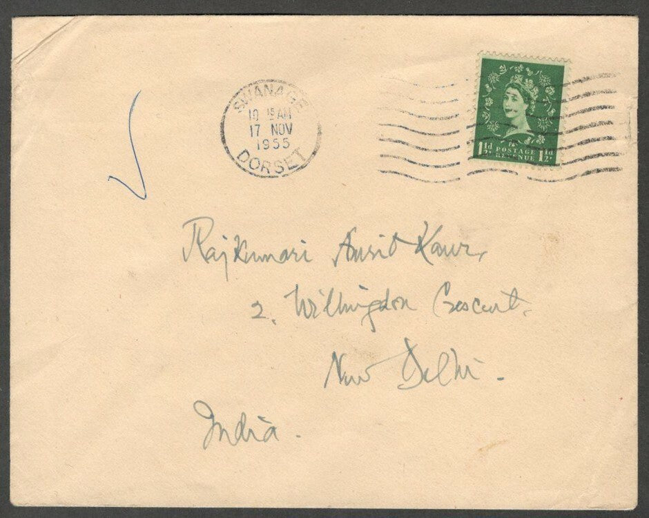 India 1955 cover from the UK to RAJKUMARI AMRIT KAUR Artist Painter 