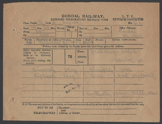 India GONDAL RAILWAY TELEGRAM to the Maharaja of Gondal
