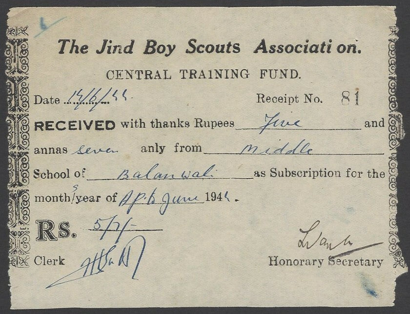 India 1944 Jind Boy Scouts Association receipt