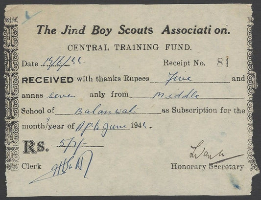 India 1944 Jind Boy Scouts Association receipt