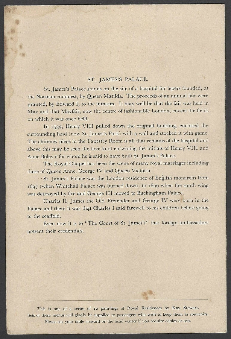 B.I. British India Line Royal Residences menu cards (6)