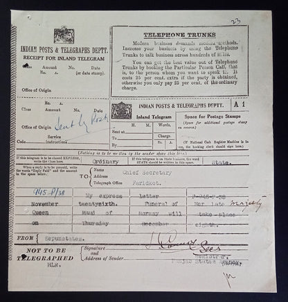 India 1938 telegram re: funeral of the Late QUEEN MAUD OF NORWAY
