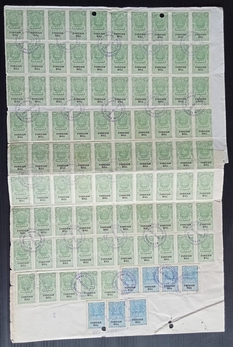 India Bill of Exchange with FOREIGN BILL revenue stamps 100R x 85, etc.